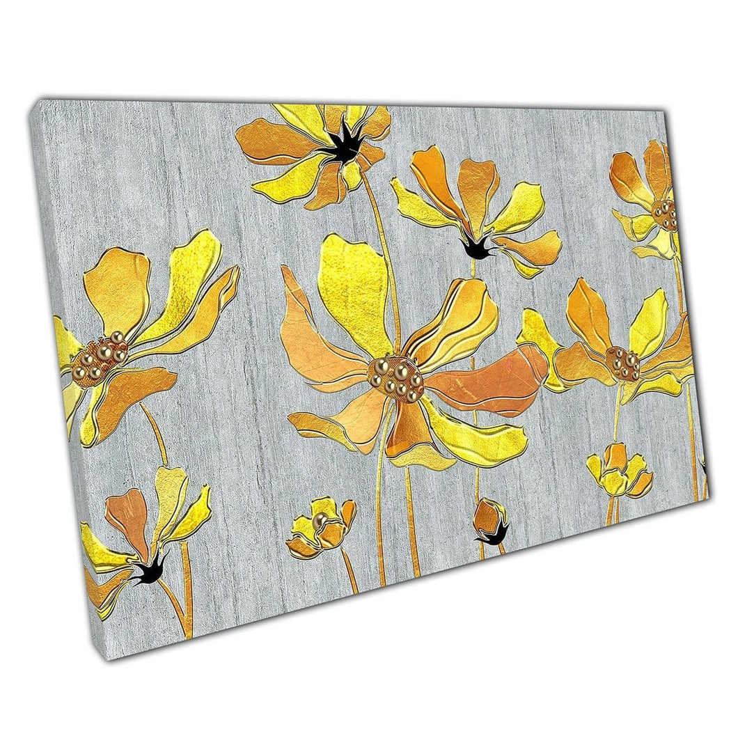 3D Illustration Style Bright Yellow Flowers Against Grey Background Wall Art Print On Canvas Mounted Canvas print