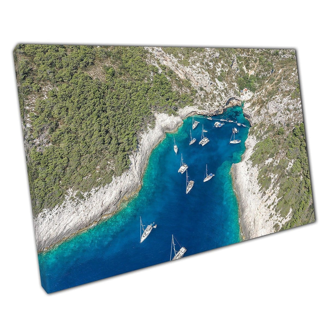 Aerial View Of Seascape Featuring Yachts In A Narrow Cove On Vis Island Croatia Wall Art Print On Canvas Mounted Canvas print