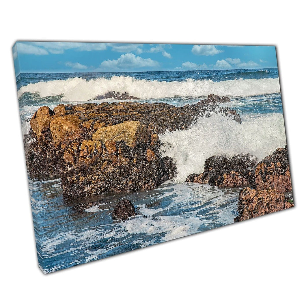 Stunning Turbulent Seascape Pacific Coast California Waves Crashing Weathered Rocks Wall Art Print On Canvas Mounted Canvas print