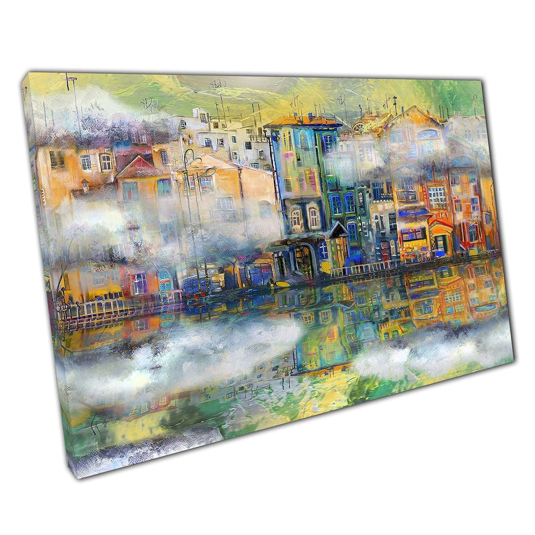 Abstract Artistic Foggy Town Lining A Green River Contemporary Illustration Style Wall Art Print On Canvas Mounted Canvas print