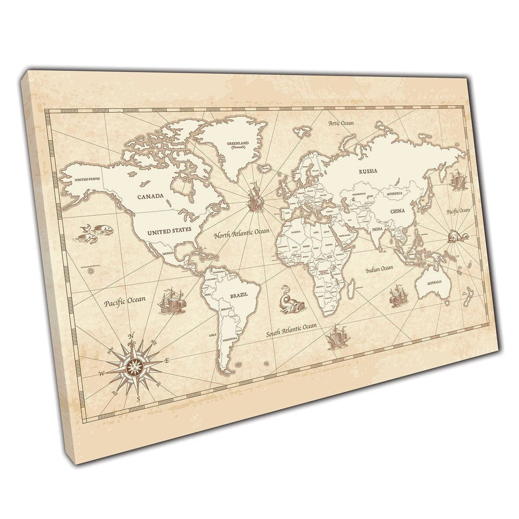 Detailed Vintage Style World Map Old Parchment Appearance Wall Art Print On Canvas Mounted Canvas print