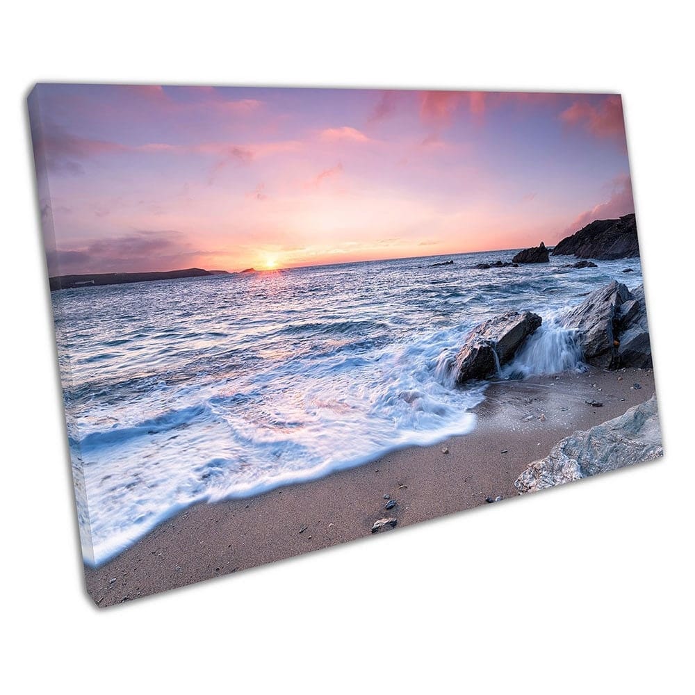 Beautiful Ocean sunset Little Fistral Beach Newquay Ready to Hang Wall Art Print Mounted Canvas print