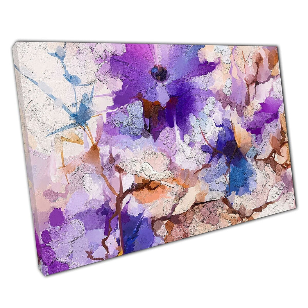 Abstrakte lebendige lila Frühlingsblüten in Blüte moderner zeitgenössischer Wandkunstdruck auf Leinwand montiertes Leinwanddruck