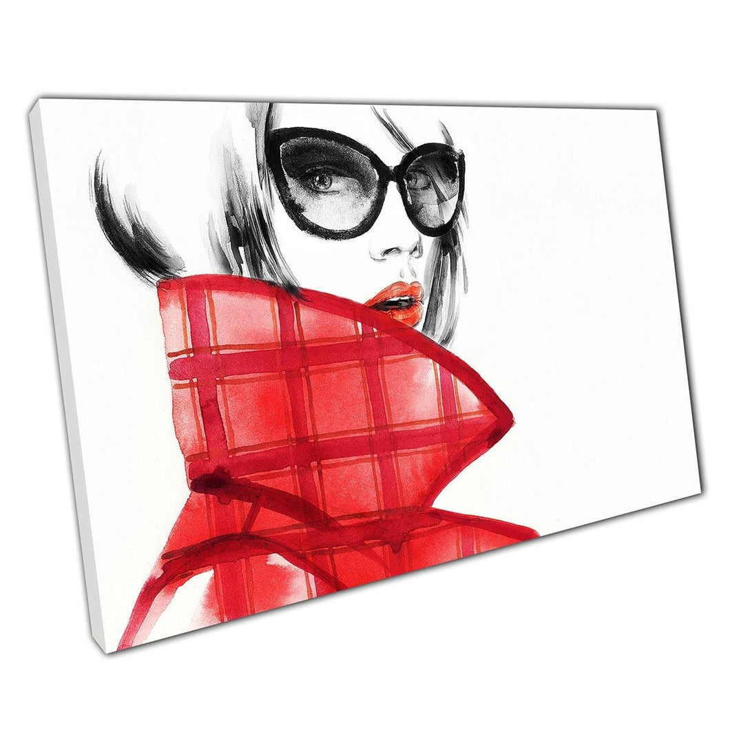 Stylish Chic Women In Red And Black Watercolour Fashion Illustration Wall Art Print On Canvas Mounted Canvas print