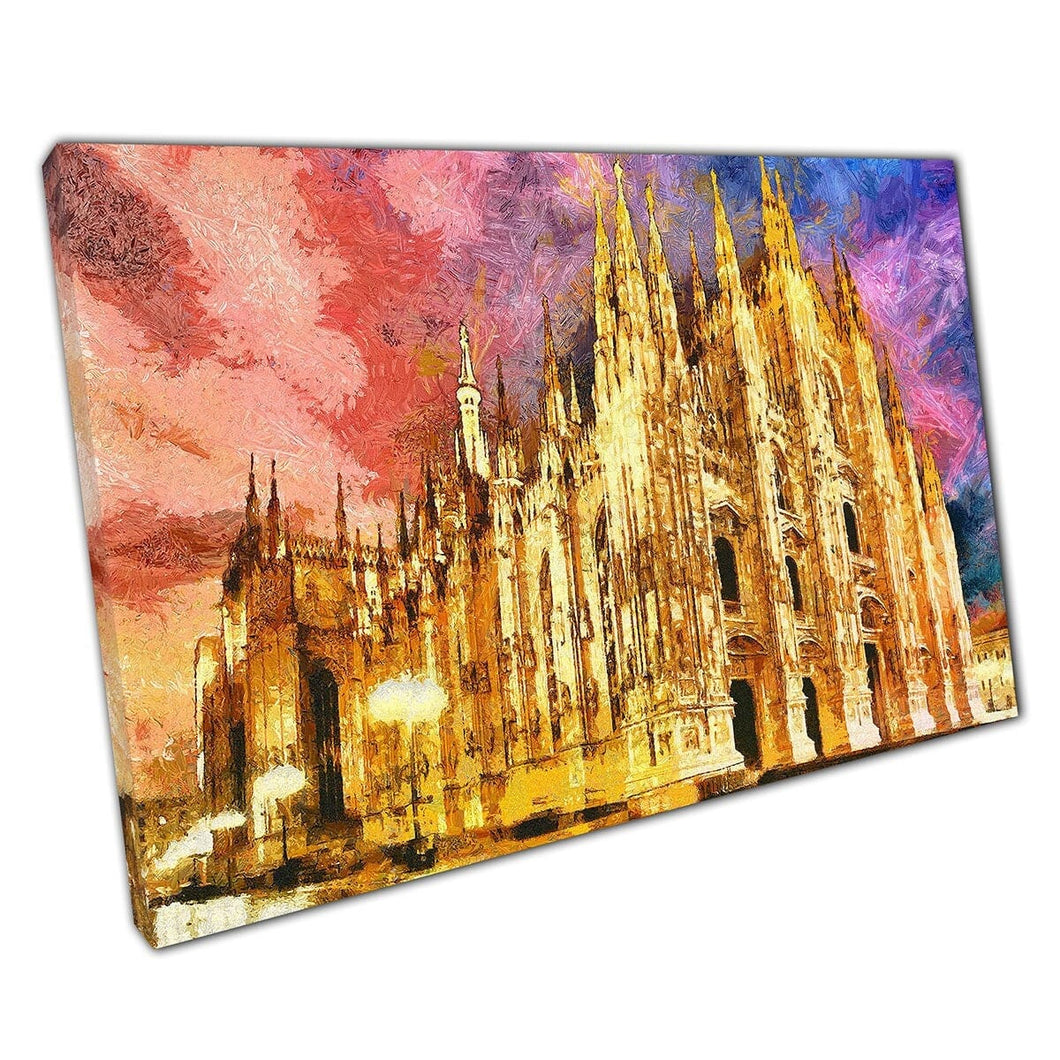 Duomo Church Cathedral Milan Lit Up By Lights In The Evening Wall Art Print On Canvas Mounted Canvas print