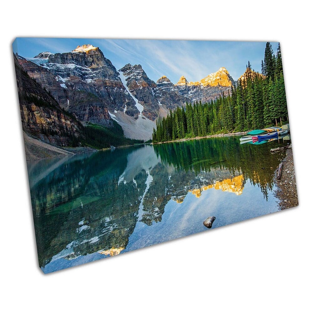 Moraine Lake with boats Rocky Mountains Canada Canadian Ready to Hang Wall Art Print Mounted Canvas print