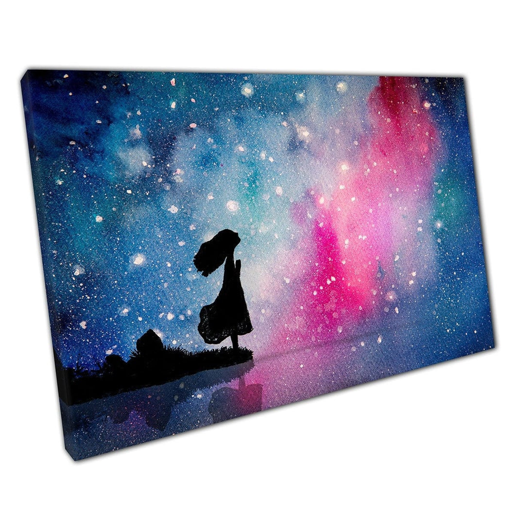 Girl Looking Into Colourful Starry Night Sky Abstract Watercolour Painting Style Wall Art Print On Canvas Mounted Canvas print