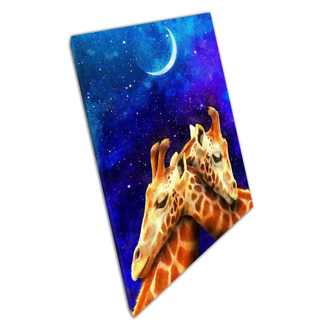 Loving Giraffe Couple Hugging Under The Moon And Starry Galaxy Night Sky Painting Wall Art Print On Canvas Mounted Canvas print